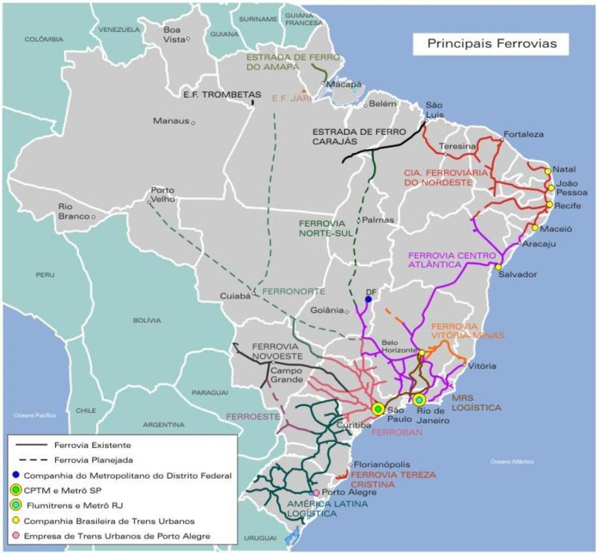 Mappa delle linee ferroviarie del Brasile